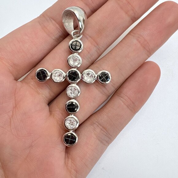 Sterling Silver 925 Dark Blue & White Cubic Zirconia Cross Pendant 2.5" Length - Picture 6 of 9